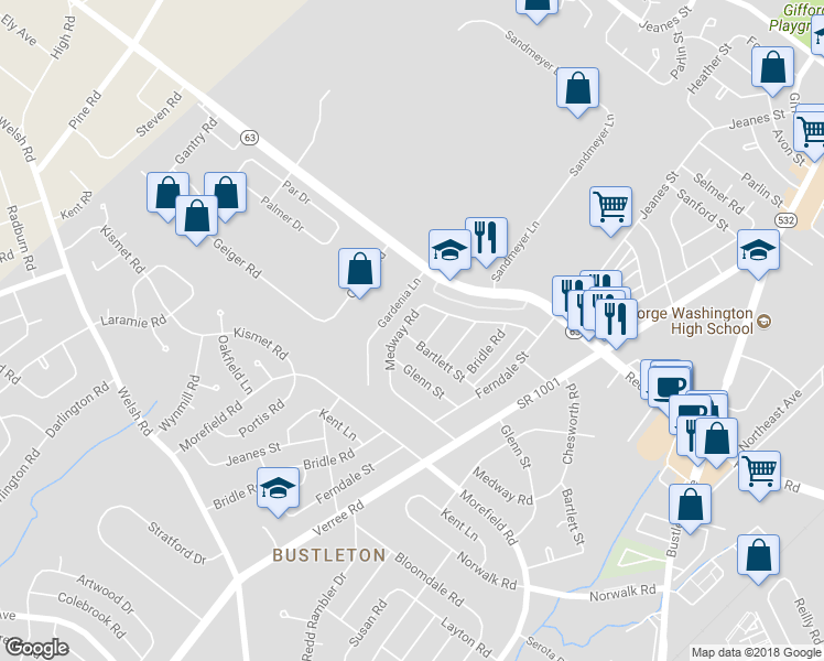 map of restaurants, bars, coffee shops, grocery stores, and more near 9933 Medway Road in Philadelphia
