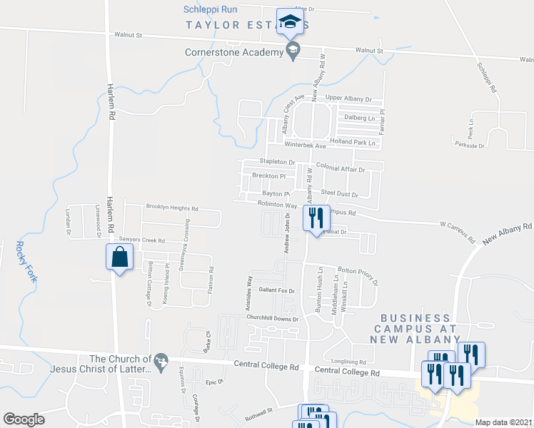 map of restaurants, bars, coffee shops, grocery stores, and more near 5992 Thunder Gulch Drive in New Albany