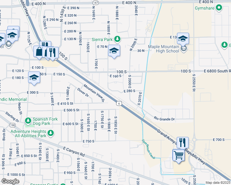 map of restaurants, bars, coffee shops, grocery stores, and more near 1904 East 280 South in Spanish Fork