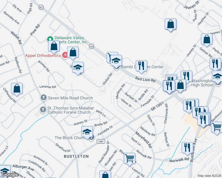 map of restaurants, bars, coffee shops, grocery stores, and more near 9968 Gardenia Lane in Philadelphia