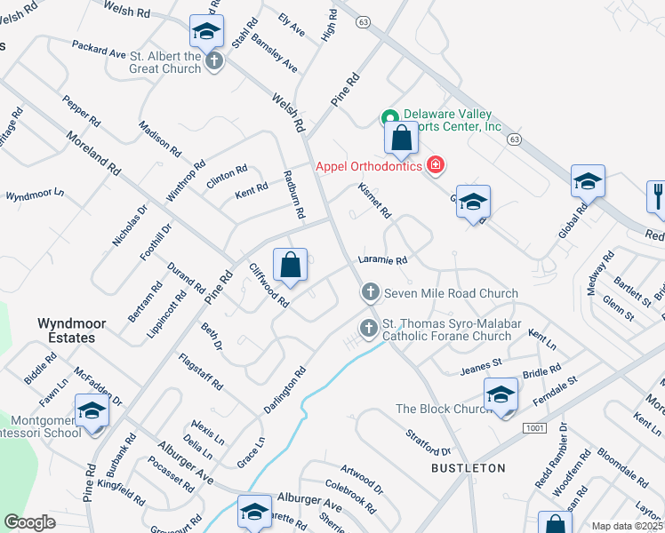 map of restaurants, bars, coffee shops, grocery stores, and more near 9322 Laramie Road in Philadelphia