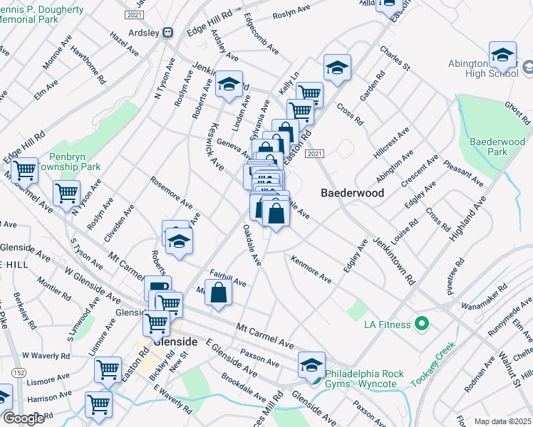 map of restaurants, bars, coffee shops, grocery stores, and more near 266 North Keswick Avenue in Glenside