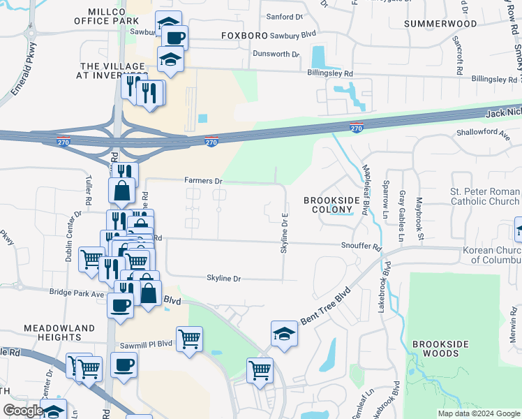 map of restaurants, bars, coffee shops, grocery stores, and more near 7311 Skyline Drive East in Columbus
