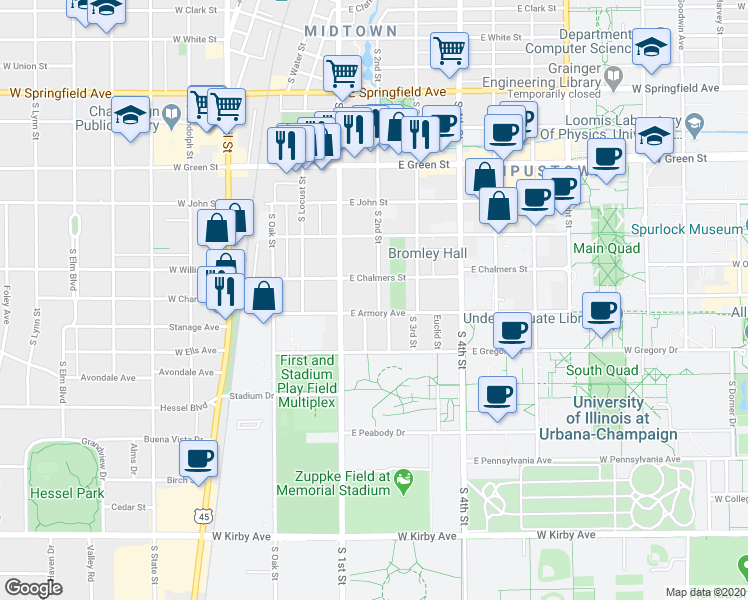 map of restaurants, bars, coffee shops, grocery stores, and more near 110 East Armory Avenue in Champaign