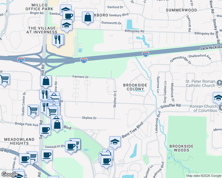 map of restaurants, bars, coffee shops, grocery stores, and more near 7311 Skyline Drive East in Columbus