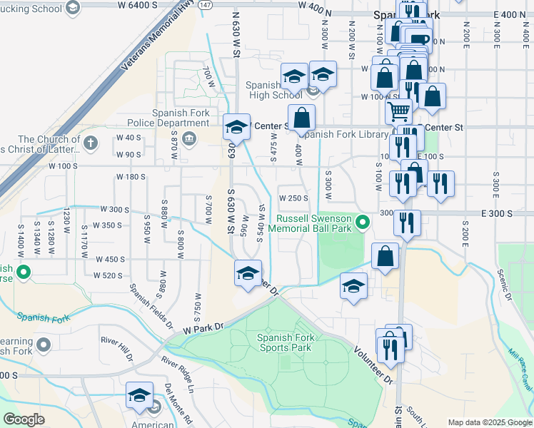 map of restaurants, bars, coffee shops, grocery stores, and more near 293 South 540 West in Spanish Fork
