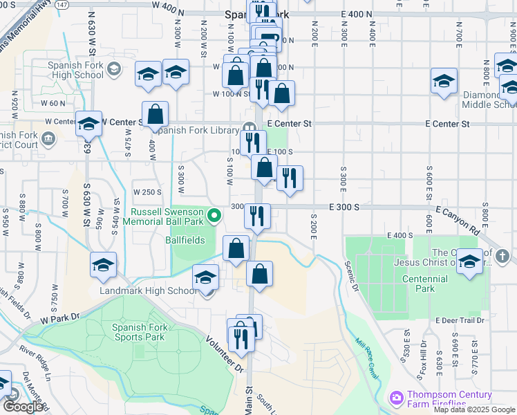 map of restaurants, bars, coffee shops, grocery stores, and more near 300 South Main Street in Spanish Fork