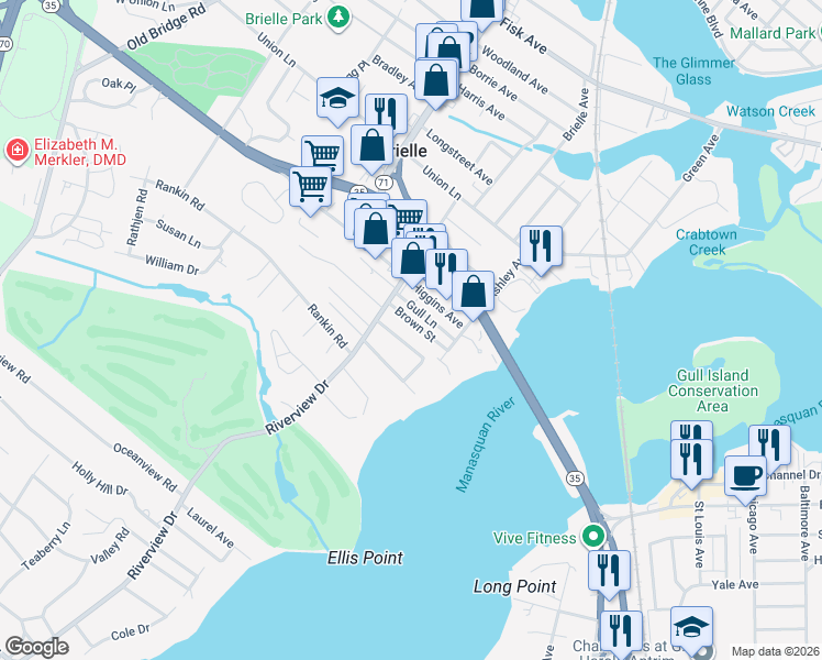 map of restaurants, bars, coffee shops, grocery stores, and more near 406 Linden Lane in Brielle