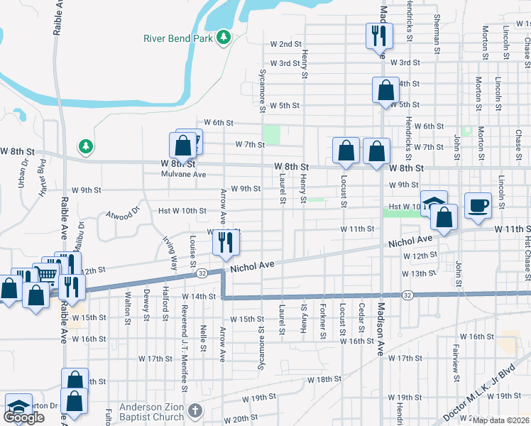 map of restaurants, bars, coffee shops, grocery stores, and more near 1007 Sycamore Street in Anderson