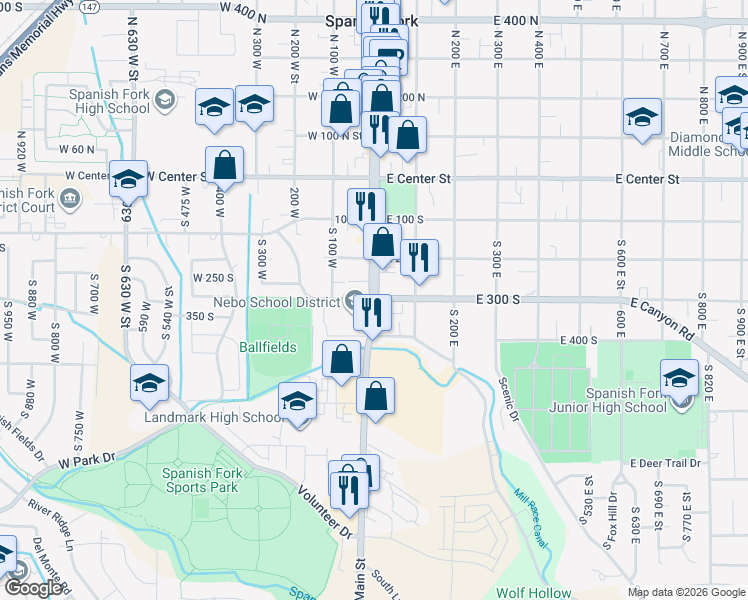map of restaurants, bars, coffee shops, grocery stores, and more near 300 South Main Street in Spanish Fork