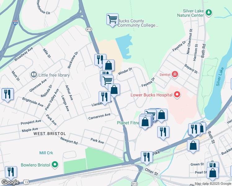map of restaurants, bars, coffee shops, grocery stores, and more near 800 Veterans Highway in Bristol