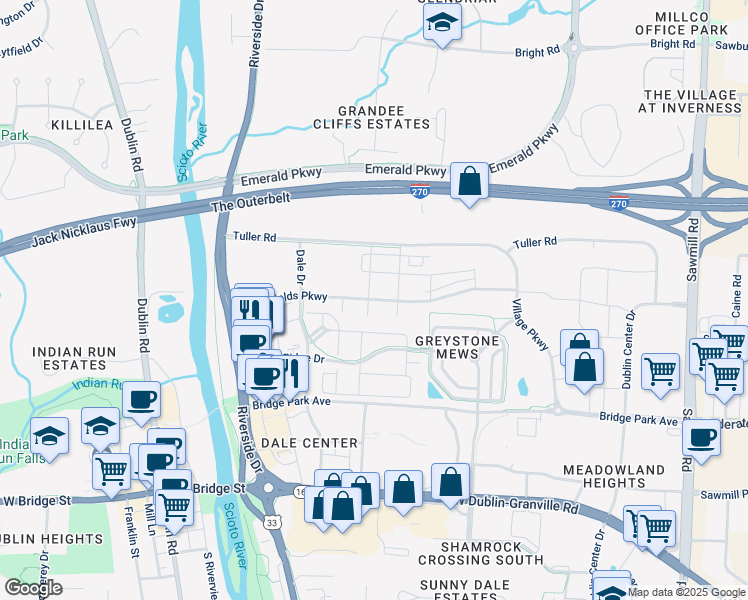 map of restaurants, bars, coffee shops, grocery stores, and more near John Shields Parkway in Dublin