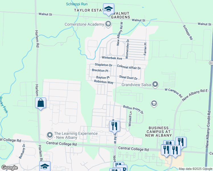 map of restaurants, bars, coffee shops, grocery stores, and more near 5995 Andrew John Drive in New Albany