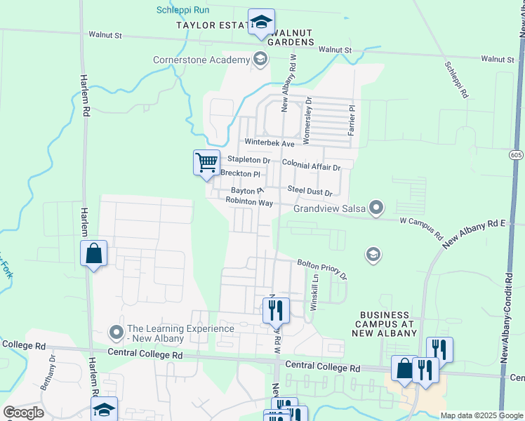 map of restaurants, bars, coffee shops, grocery stores, and more near 5988 Andrew John Drive in New Albany