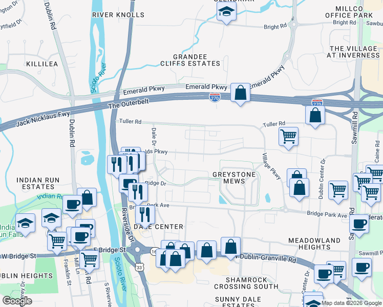 map of restaurants, bars, coffee shops, grocery stores, and more near John Shields Parkway in Dublin
