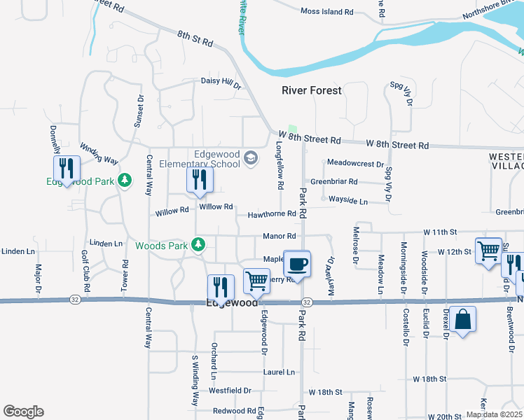map of restaurants, bars, coffee shops, grocery stores, and more near 3431 Hawthorne Road in Anderson