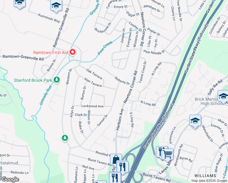 map of restaurants, bars, coffee shops, grocery stores, and more near 57 Sunset Drive in Howell Township
