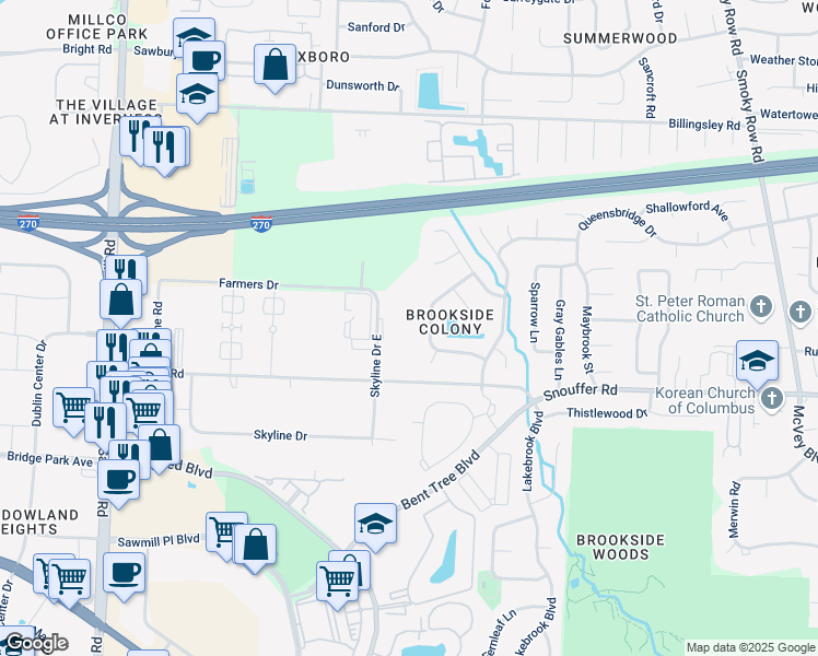 map of restaurants, bars, coffee shops, grocery stores, and more near 7320 Skyline Drive East in Columbus