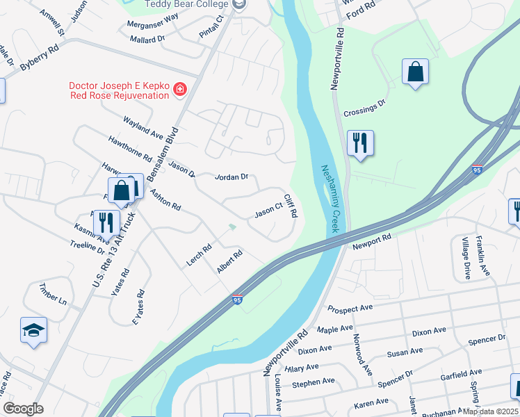 map of restaurants, bars, coffee shops, grocery stores, and more near 853 Jason Drive in Bensalem