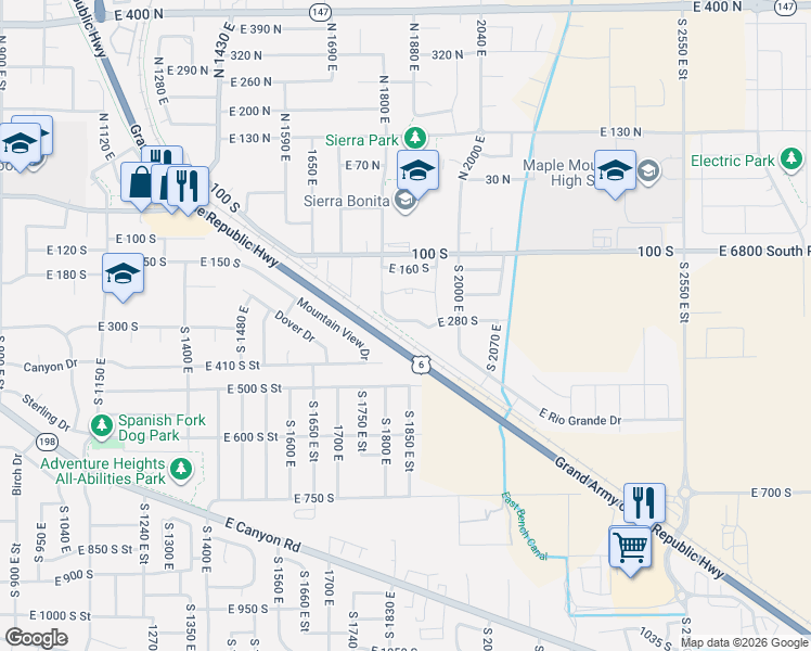 map of restaurants, bars, coffee shops, grocery stores, and more near 1866 East 280 South in Spanish Fork