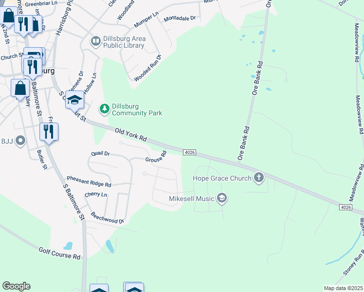 map of restaurants, bars, coffee shops, grocery stores, and more near 57 State Route 4026 in Dillsburg