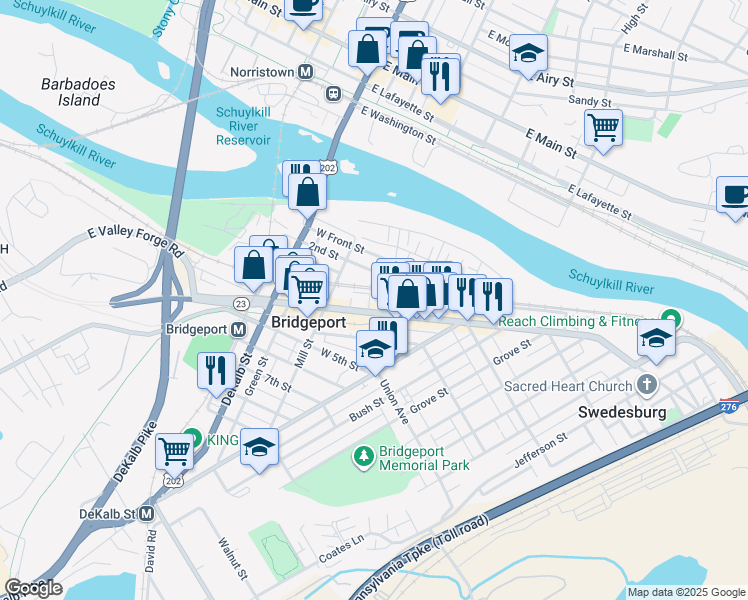 map of restaurants, bars, coffee shops, grocery stores, and more near 7 West 4th Street in Bridgeport