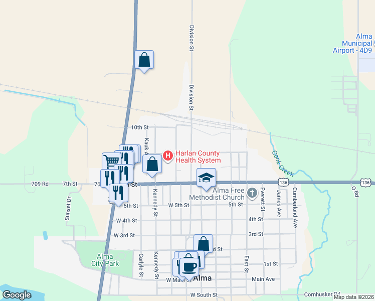 map of restaurants, bars, coffee shops, grocery stores, and more near 601-899 Division Avenue in Alma
