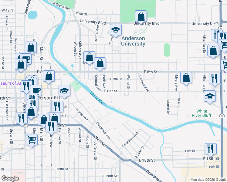 map of restaurants, bars, coffee shops, grocery stores, and more near 902 East 10th Street in Anderson