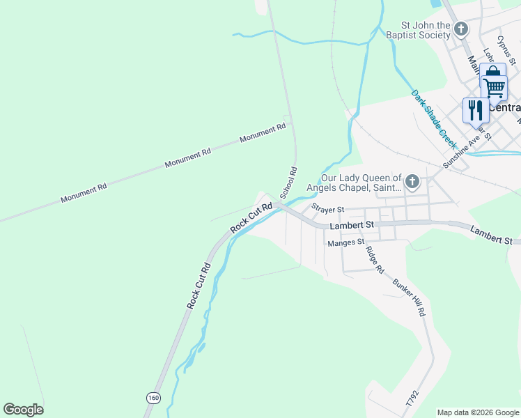 map of restaurants, bars, coffee shops, grocery stores, and more near 100 Rock Cut Road in Central City
