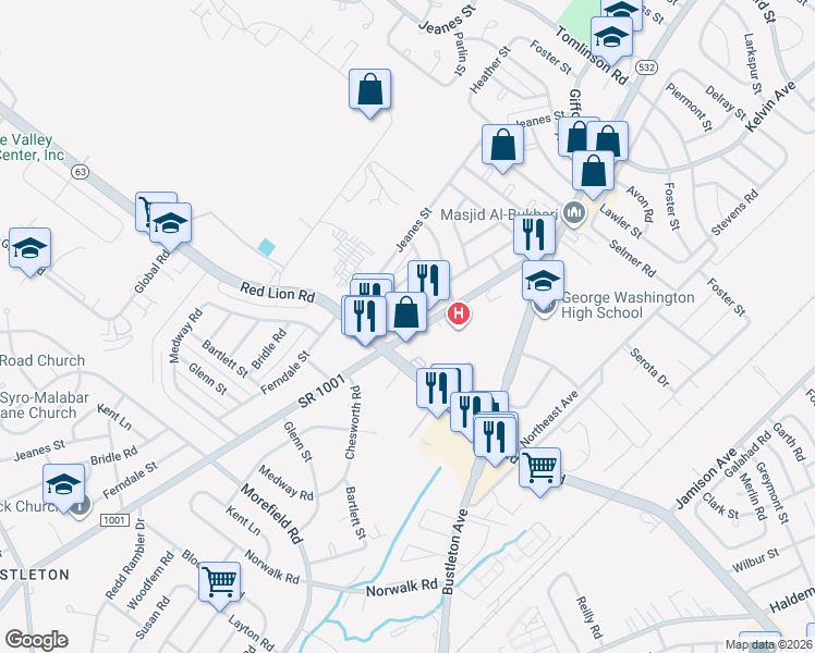 map of restaurants, bars, coffee shops, grocery stores, and more near 10111 Verree Road in Philadelphia