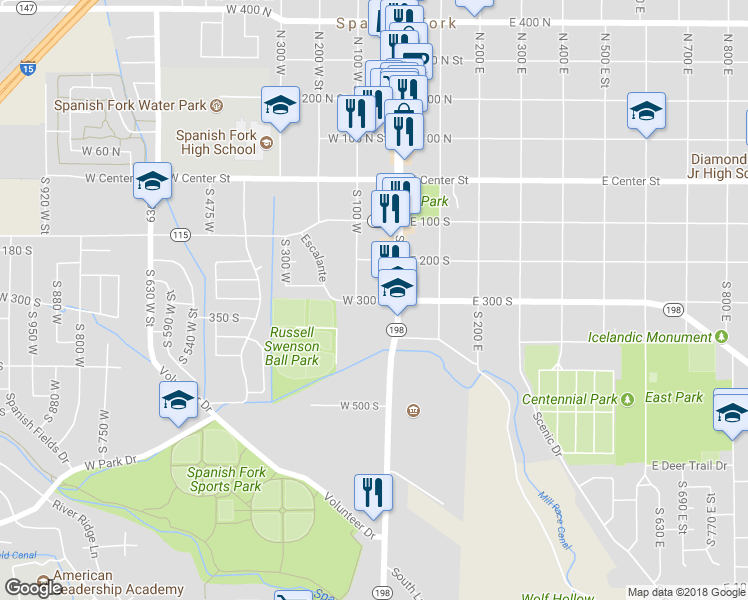 map of restaurants, bars, coffee shops, grocery stores, and more near 298 S Street in Spanish Fork