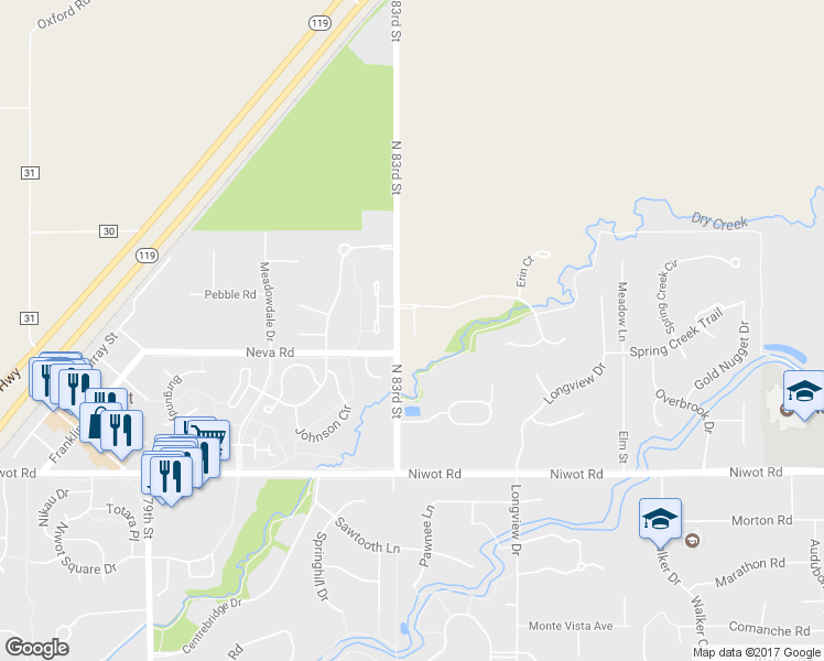 map of restaurants, bars, coffee shops, grocery stores, and more near 7205 Lacey Court in Longmont