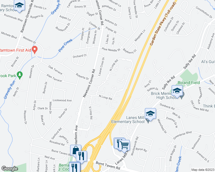 map of restaurants, bars, coffee shops, grocery stores, and more near 576 Labanna Court in Brick Township