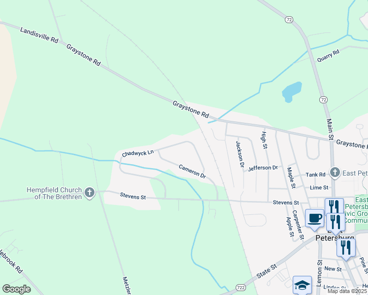 map of restaurants, bars, coffee shops, grocery stores, and more near 1509 Chadwyck Lane in Manheim