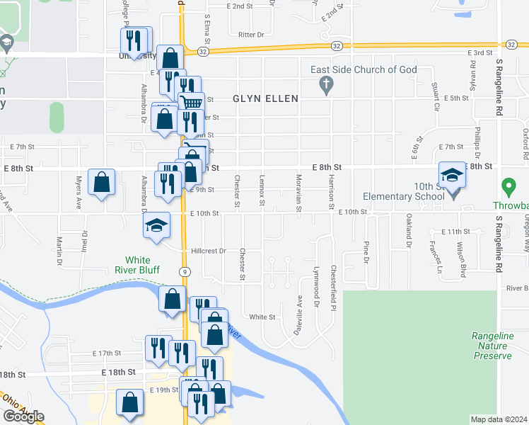 map of restaurants, bars, coffee shops, grocery stores, and more near 2427 East 10th Street in Anderson