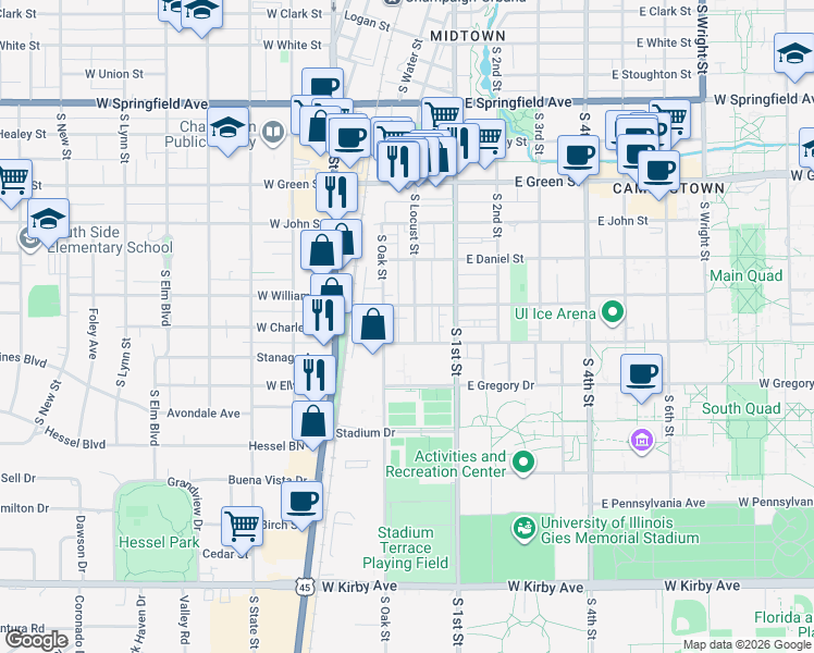 map of restaurants, bars, coffee shops, grocery stores, and more near 1007 South Locust Street in Champaign