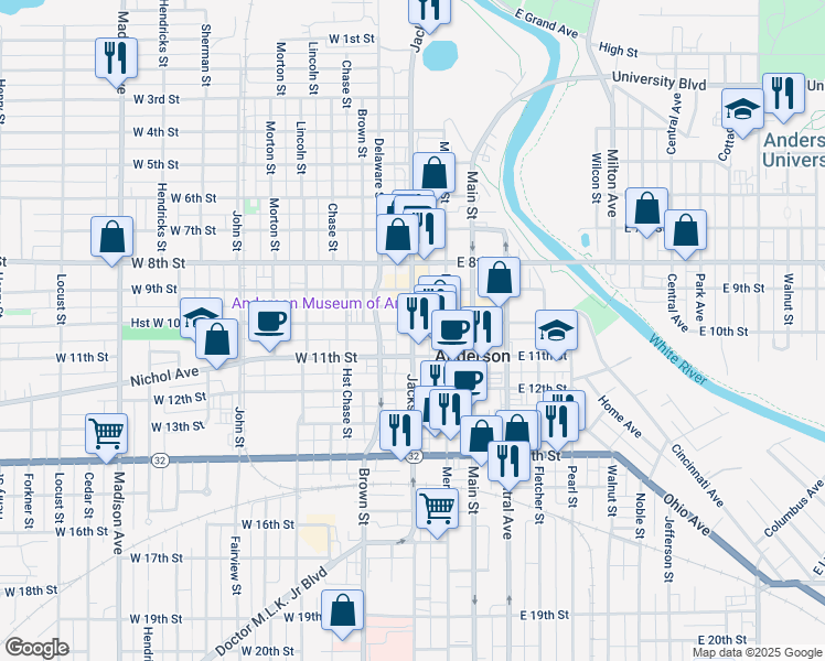 map of restaurants, bars, coffee shops, grocery stores, and more near 1020 Jackson Street in Anderson
