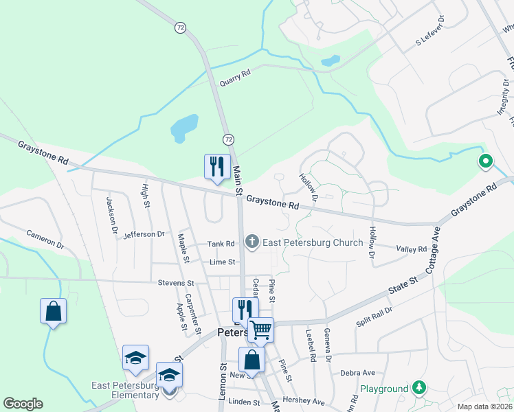 map of restaurants, bars, coffee shops, grocery stores, and more near 2056 Graystone Road in East Petersburg