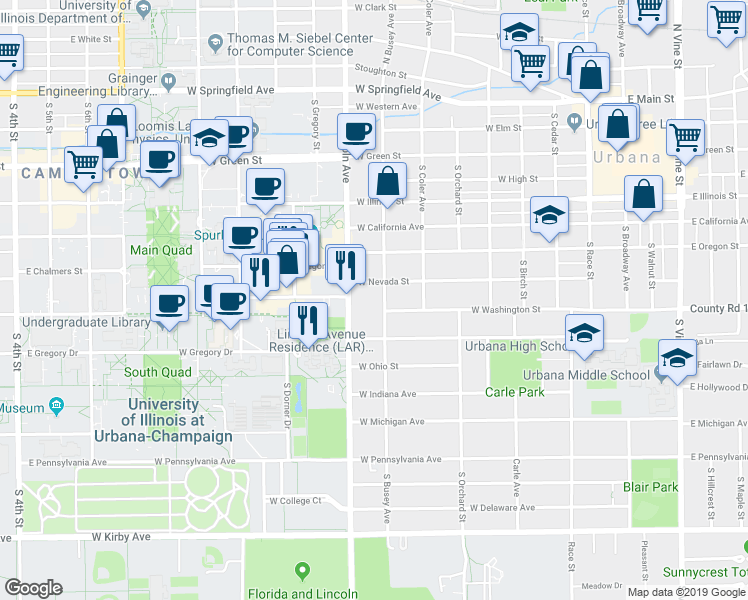 map of restaurants, bars, coffee shops, grocery stores, and more near 805 South Busey Avenue in Urbana