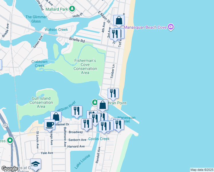 map of restaurants, bars, coffee shops, grocery stores, and more near 387 Timber Lane in Manasquan