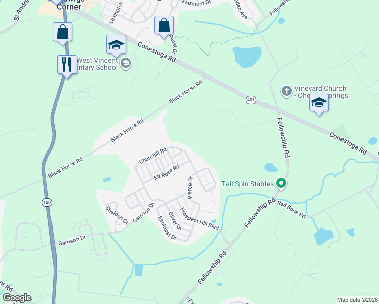 map of restaurants, bars, coffee shops, grocery stores, and more near 607 Churchill Road in Chester Springs
