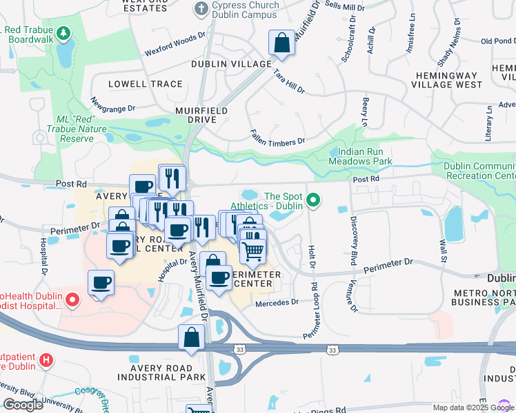 map of restaurants, bars, coffee shops, grocery stores, and more near 6146 Perimeter Lakes Drive in Dublin
