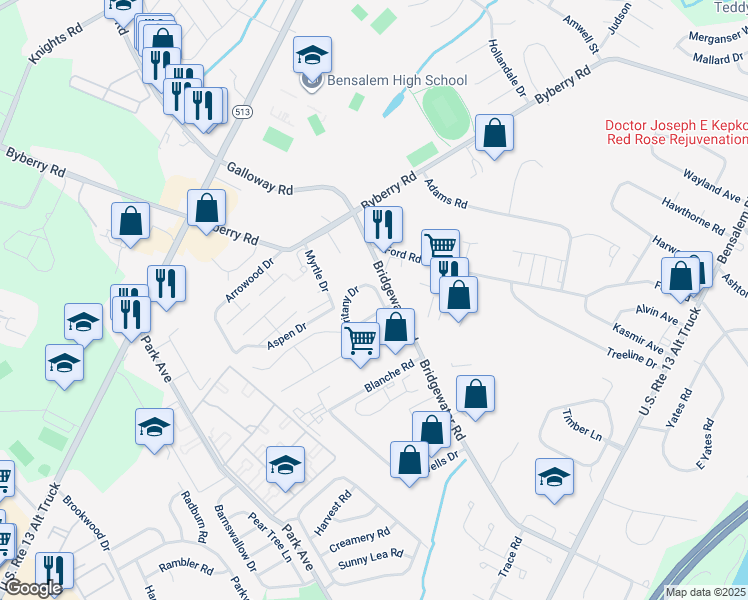 map of restaurants, bars, coffee shops, grocery stores, and more near 1608 Britany Drive in Bucks County