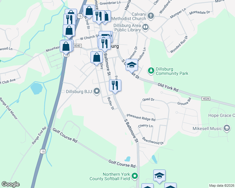 map of restaurants, bars, coffee shops, grocery stores, and more near 311 South Baltimore Street in Dillsburg