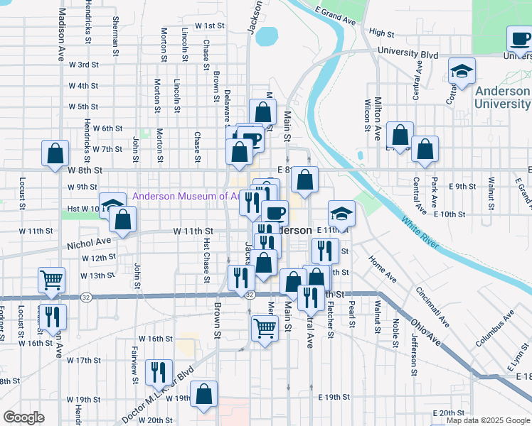 map of restaurants, bars, coffee shops, grocery stores, and more near in Anderson