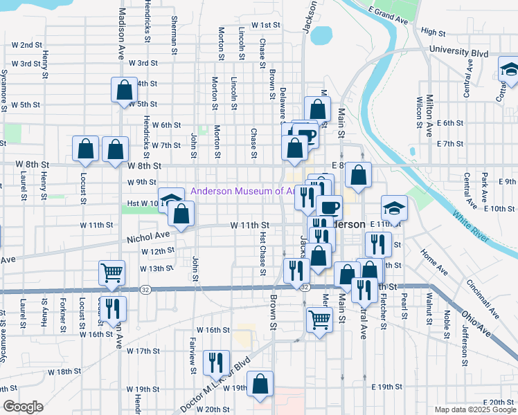 map of restaurants, bars, coffee shops, grocery stores, and more near 1022 Chase Street in Anderson