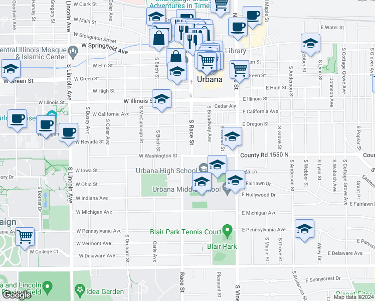 map of restaurants, bars, coffee shops, grocery stores, and more near in Urbana