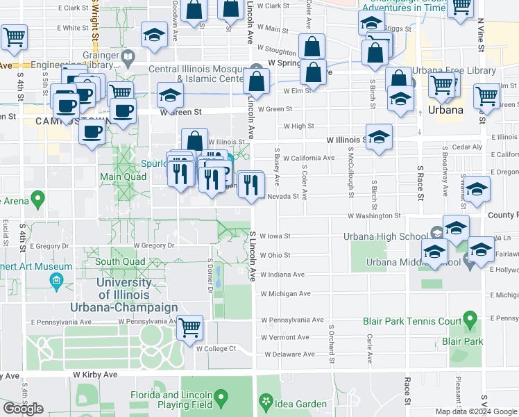 map of restaurants, bars, coffee shops, grocery stores, and more near 807 South Lincoln Avenue in Urbana