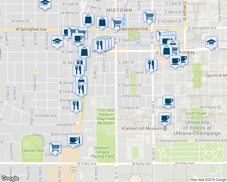 map of restaurants, bars, coffee shops, grocery stores, and more near 1013 South 1st Street in Champaign