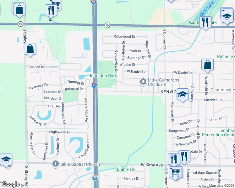 map of restaurants, bars, coffee shops, grocery stores, and more near 1002 Goldenview Drive in Champaign